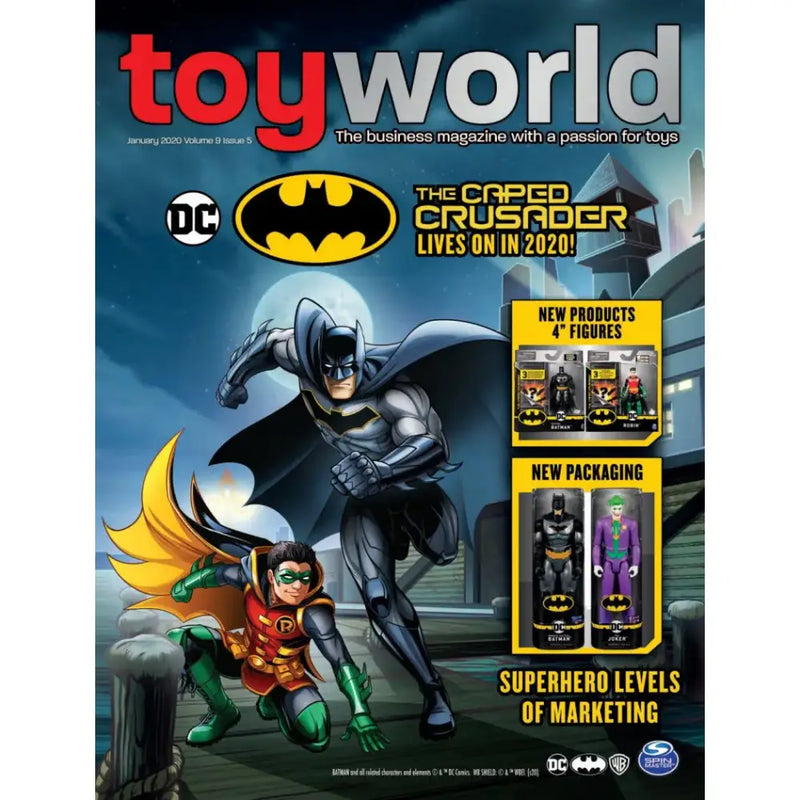 Toy World magazine cover with Batman and Robin on Vroom RV counter card