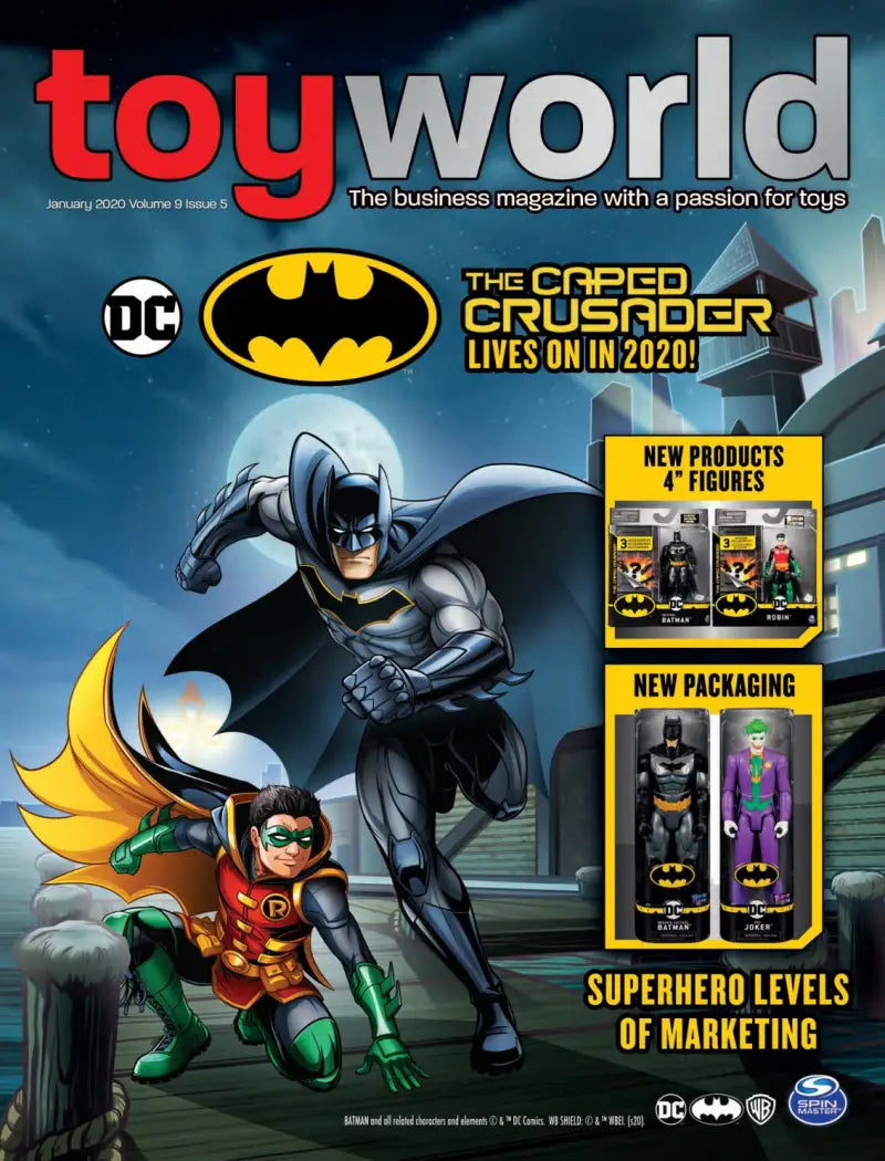 Toy World magazine cover with Batman and Robin on Vroom RV counter card