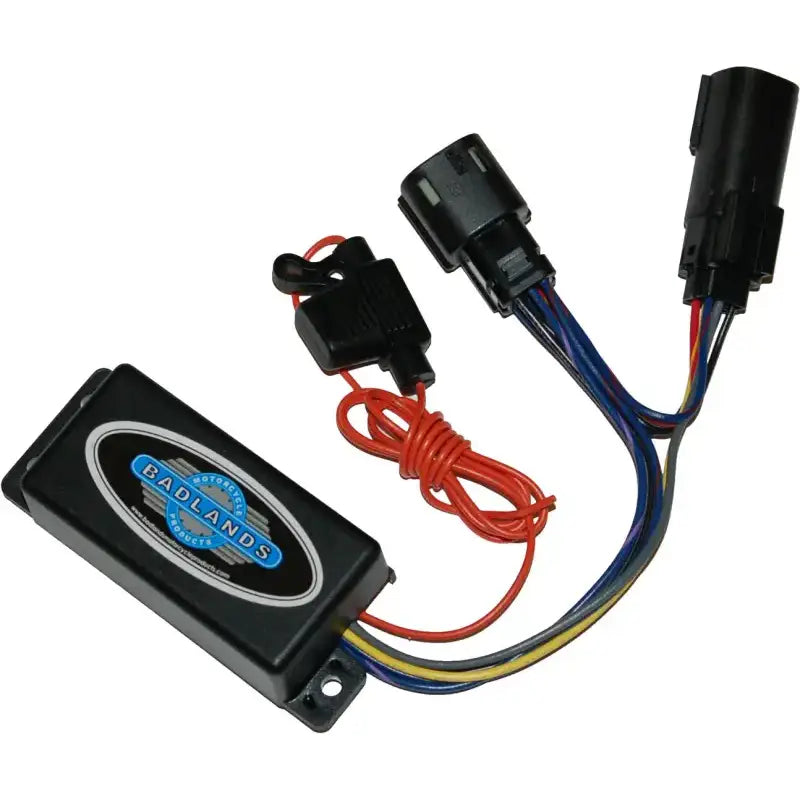 Black electronic module with wire harnesses and fuse holder for bus pnp turn signals