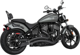 Dark gray Indian Motorcycle with black seat and exhaust pipes, great for sharp curve radius rides