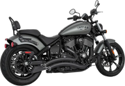 Dark gray Indian Motorcycle with black seat and exhaust pipes, great for sharp curve radius rides