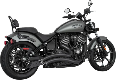 Dark gray Indian Motorcycle with black seat and exhaust pipes, great for sharp curve radius rides
