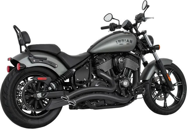 Dark gray Indian Motorcycle with black seat and exhaust pipes, great for sharp curve radius rides