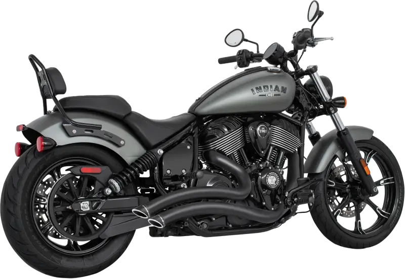 Dark gray Indian Motorcycle with black seat and exhaust pipes, great for sharp curve radius rides