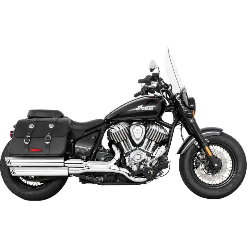 Black Indian motorcycle with saddlebags and windshield showcasing IN00485 Racing Slip On 3.25’’ Indian Chief Bk/Bk