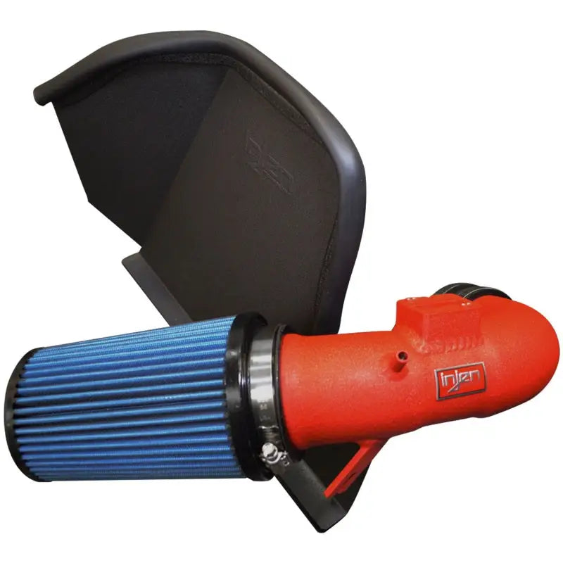 Injen 16-18 BMW 330i B48 2.0L (t) Wrinkle Red Cold Air Intake with blue SuperNano-Web dry air filter and black heat shield.