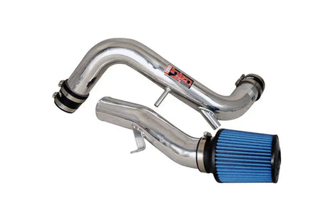 Polished Injen cold air intake system for 2014 Kia Forte Koup 1.6L Turbo, convertible to short ram intake with blue filter.