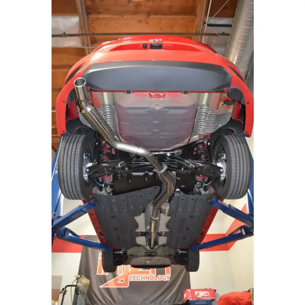 Underside of a red Honda Civic with Injen turbo 3in exhaust system upgrade