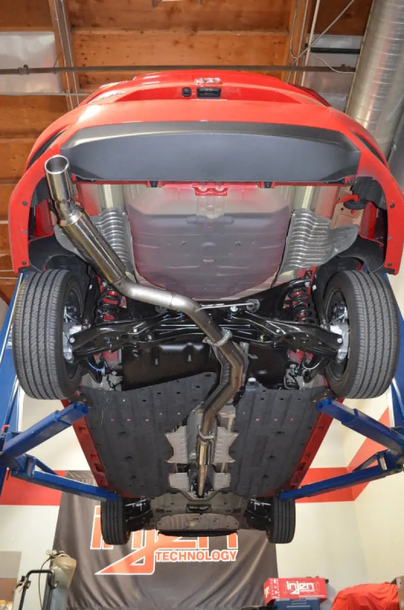 Underside of a red Honda Civic with Injen turbo 3in exhaust system upgrade
