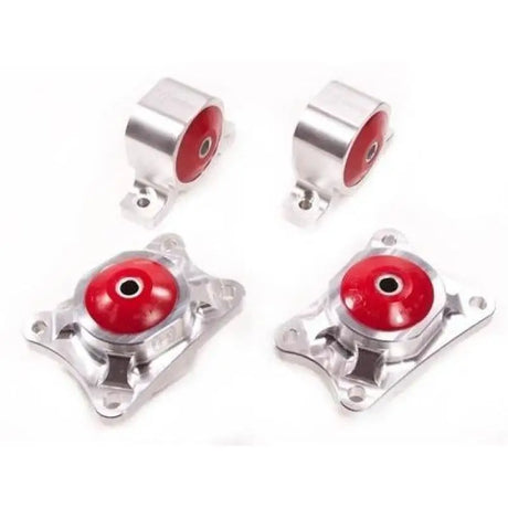 Four silver and red billet rear diff mounts for Honda S2000 with 75A bushings