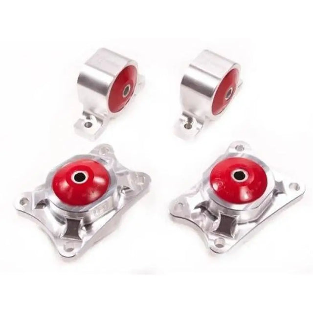 Four silver and red billet rear diff mounts for Honda S2000 with 75A bushings