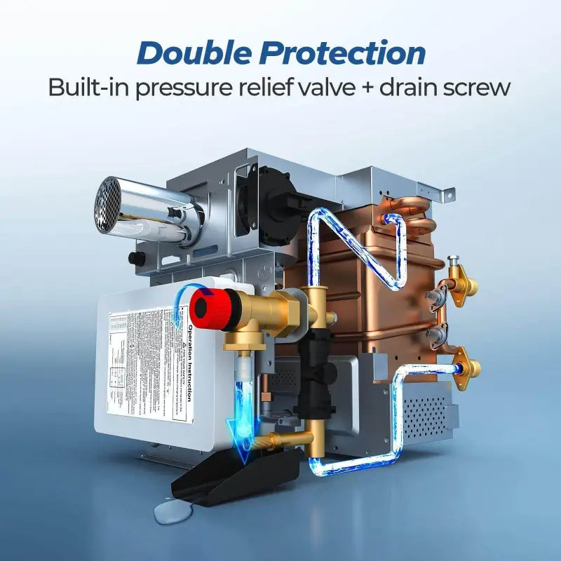 INSTASHOWER 8 PRO Fogatti Gas Tankless Water Heater with built-in pressure relief valve and drain screw for double protection and endless hot water on demand.