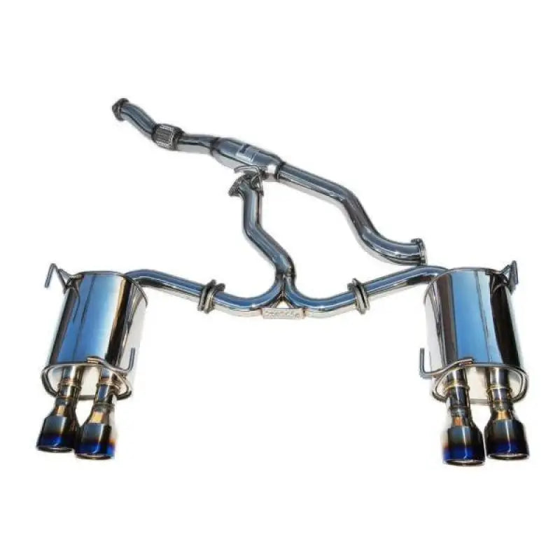 Shiny stainless steel quad tip exhaust on Subaru STI with single layer titanium and blue tips