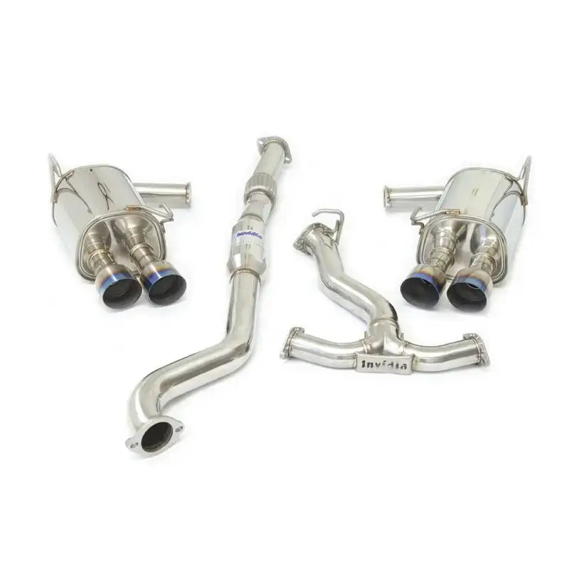 Shiny metal exhaust system on Invidia Subaru WRX Q300 single layer titanium cat-back exhaust