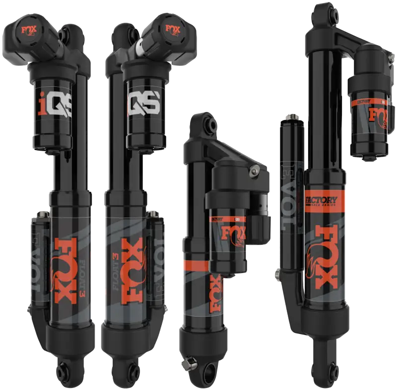 Four Fox Racing Shox mountain bike rear shocks with black bodies and orange branding for Iqs Shock Kit Pol 1.5 Float 3 Iqs Lw