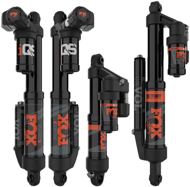 Four Fox Racing Shox mountain bike rear shocks with black bodies and orange branding for Iqs Shock Kit Pol 1.5 Float 3 Iqs Lw