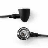 Two black Iride turn signals for motorcycle, sleek turn signal black design