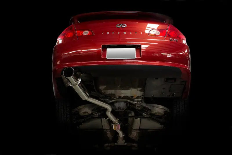 Red Infiniti G35 with ISR Performance GT Single Exhaust for upgraded performance gt single style