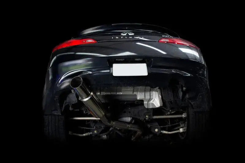 ISR Performance GT Single Exhaust installed on Infiniti G37 Coupe RWD, rear view.