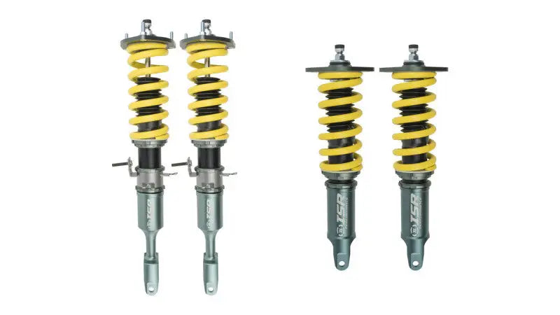 Four yellow ISR Performance Pro Series Coilovers for Nissan 350z Z33 suspension upgrade