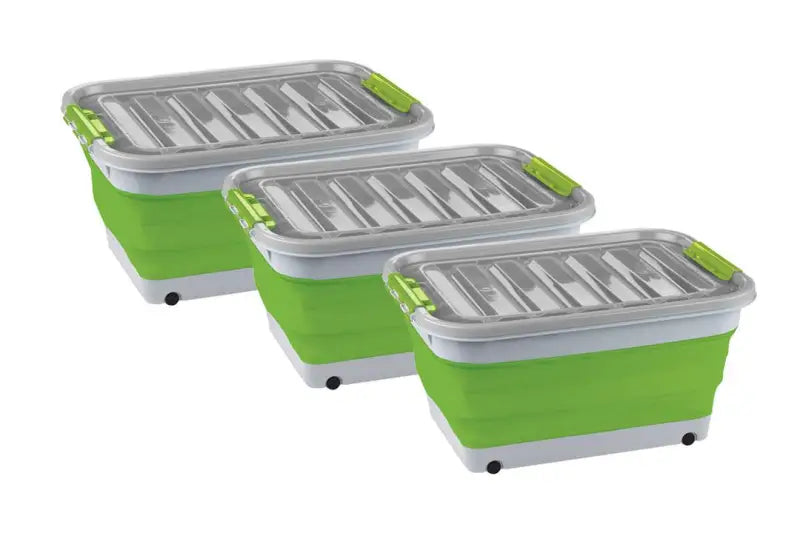 Three green and white collapsible storage bins with lids for istore0012k ironman 4x4