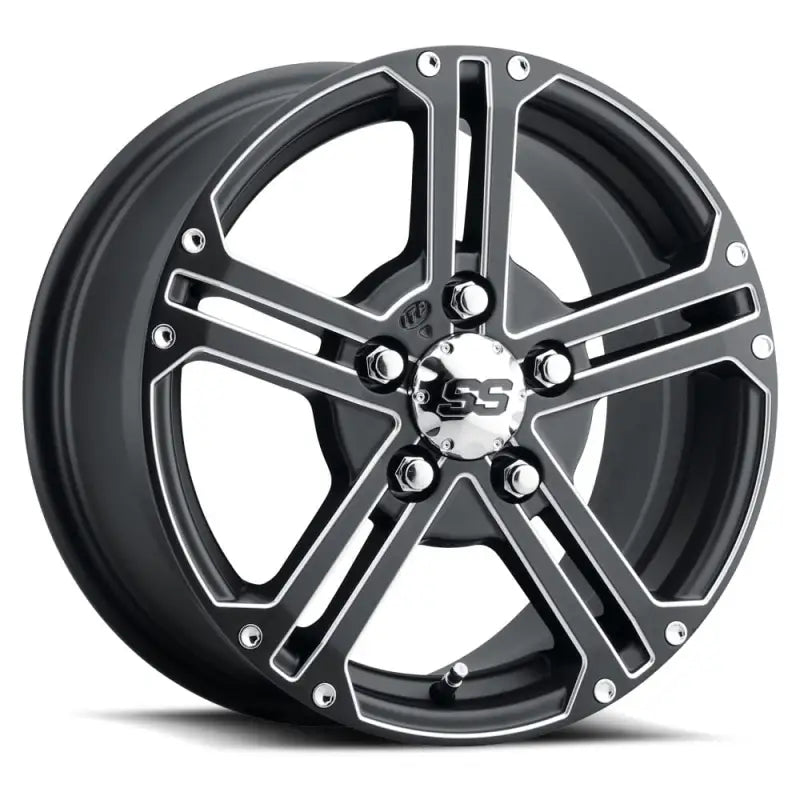 Black and silver five-spoke wheel from ITP Tires SS Alloy with 4/137 bolt pattern