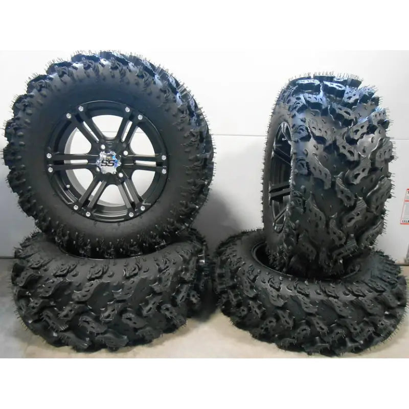 Four off-road ITP Tires SS Alloy with machined black rims for tough terrains