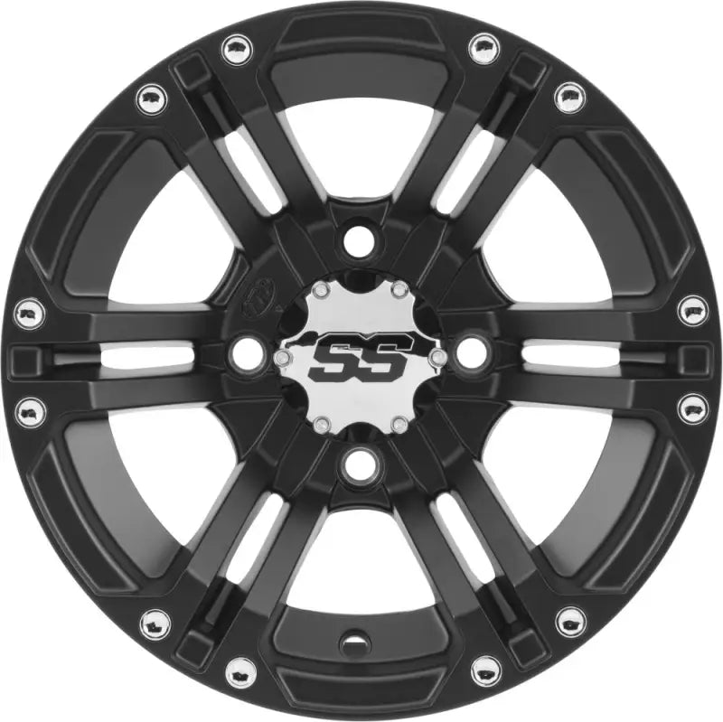 Black and silver off-road wheel on ITP Tires SS Alloy Machined Black 14x8