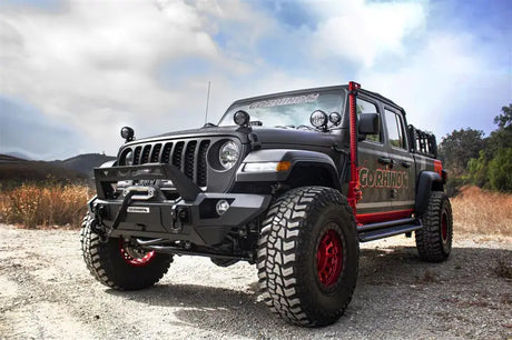 Go Rhino Jeep featuring the Jack Mount Hi-Lift Jack, mounted to driver side front quarter panel, in black mild steel finish.