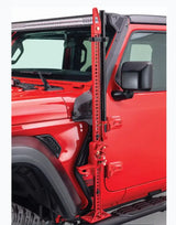 Jack Mount Hi-Lift Jack by Go Rhino mounted to driver side front quarter panel of a red Jeep Wrangler, black mild steel, powder-coated finish.