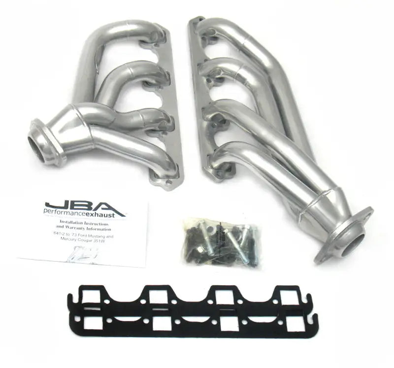Silver exhaust headers with gaskets and hardware for Ford Mustang 351W mid length upgrade