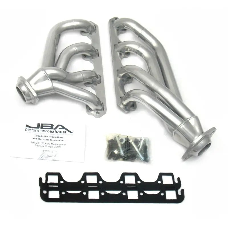 Shiny silver Ford Mustang mid length header with gaskets and hardware for 351W SBF engines