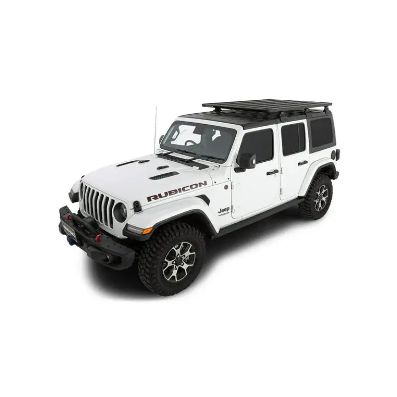 JC-00456 Rhino Rack Pioneer Platform (72' X 56') Unasse mounted on a white Jeep Rubicon, perfect for RV, Automotive, Powersports, off-road, marine, exterior, truck accessories, interior, truck bed, rv parts, Cargo Management, AVADA - Best Sellers, Must Haves