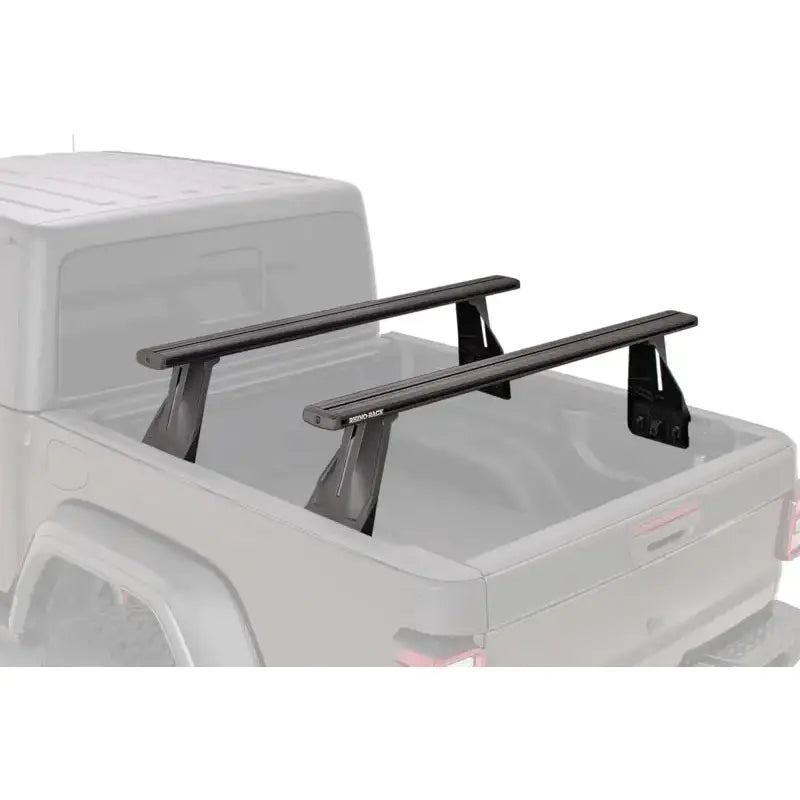 Black truck bed rack system with two Bar Vortex crossbars for Rhino Rack Reconn-Deck