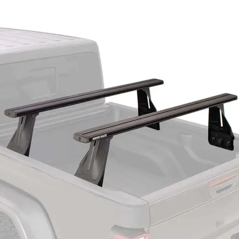 Black truck bed roof rack crossbars on Rhino Rack Reconn-Deck 2 Bar Vortex Truck Bed