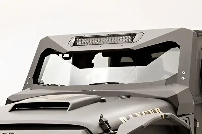 JK3022-1 Fab Fours Vicowl Inst 20 installed on a 2007-2016 Jeep Wrangler JK, featuring a distinctive and durable visor for enhanced appearance and protection.