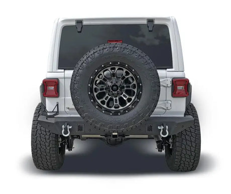 JL06T Trailfx Jeep JL Rear Bumper installed on white Jeep, showcasing tire mount and rugged design, perfect for RV, Automotive, Powersports, off-road, marine needs, exterior, truck accessories, interior, truck bed, RV parts, Truck & Automotive, Bumpers, Grilles & Guards, AVADA - Best Sellers