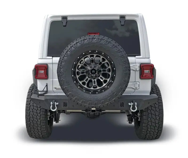 JL06T Trailfx Jeep JL Rear Bumper installed on white Jeep, showcasing tire mount and rugged design, perfect for RV, Automotive, Powersports, off-road, marine needs, exterior, truck accessories, interior, truck bed, RV parts, Truck & Automotive, Bumpers, Grilles & Guards, AVADA - Best Sellers