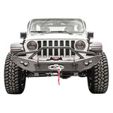 Fab Fours JL18-B4652-1 Lifestyle Winch Bumper with Guard on Jeep, showcasing rugged off-road design and superior protection.