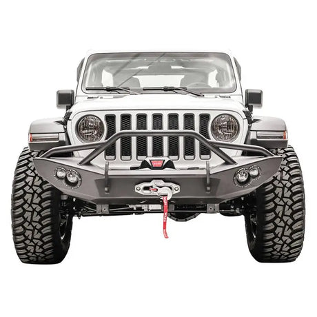 JL18-B4652-1 Fab Fours Lifestyle Winch Bumper with Guard installed on vehicle, showcasing rugged, off-road front-end protection and integrated winch compatibility.