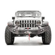 JL18-B4652-1 Fab Fours Lifestyle Winch Bumper with Guard installed on a rugged off-road vehicle’s front.