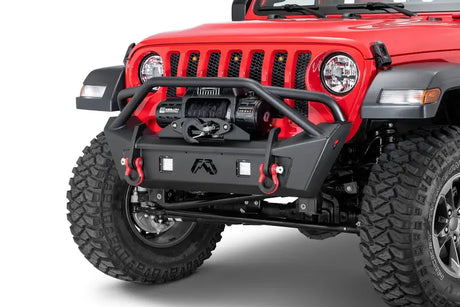 JL18-B4752-1 Fab Fours Jl/Jt Stubby With Pre-Runner Guard on red Jeep, ideal for off-road, durable and aggressive design, Bumpers, Grilles & Guards, AVADA - Best Sellers, Must Haves