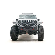 Front view of a white off-road Jeep equipped with JL18-B4752-1 Fab Fours JL/JT Stubby with Pre-Runner Guard for ultimate protection and styling. Sturdy construction for extreme off-road conditions, truck accessories, Bumpers, Grilles & Guards, AVADA - Best Sellers, Must Haves