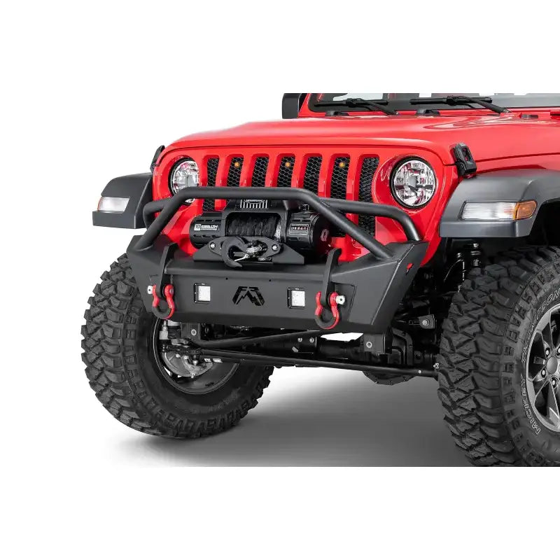 JL18-B4752-1 Fab Fours Jl/Jt Stubby With Pre-Runner Guard on red Jeep, ideal for off-road, durable and aggressive design, Bumpers, Grilles & Guards, AVADA - Best Sellers, Must Haves