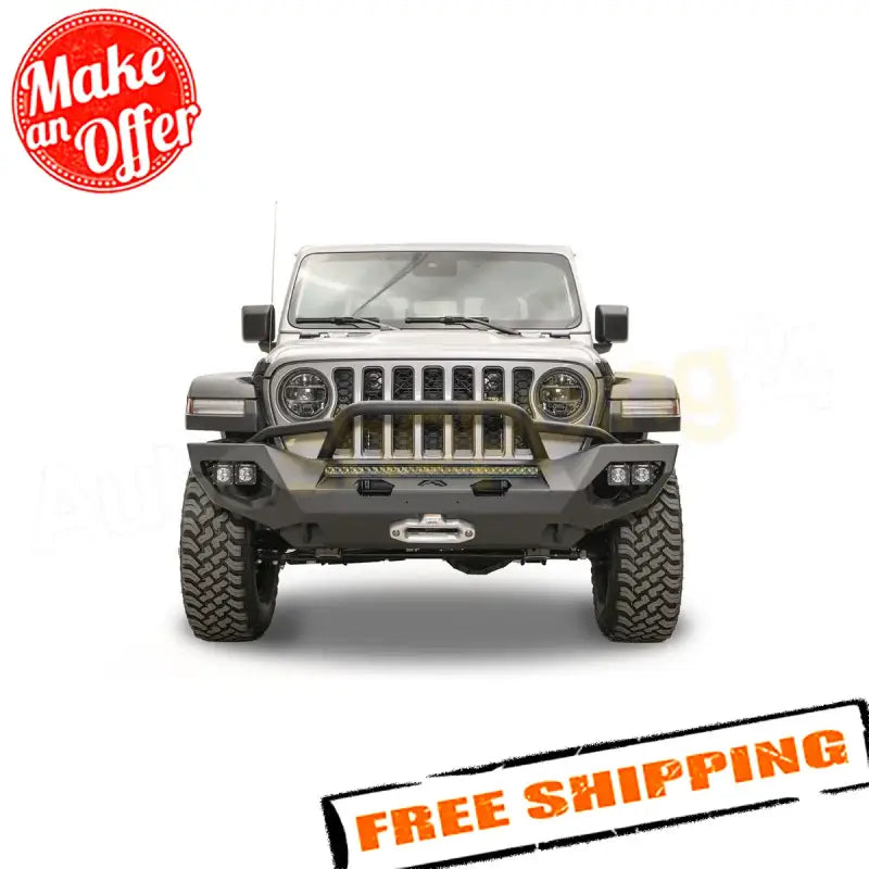 Front view of a Jeep outfitted with the JL18-X4652-1 Fab Fours JL & JT Matrix Pre-Runner bumper, showcasing its rugged design and durable construction, with a "Make an Offer" and "Free Shipping" promotion.