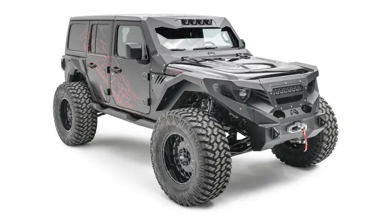 Modified black Jeep Wrangler with JL4600-1 Fab Fours 18 Jp Jl Front Fender