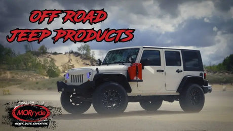 White off-road Jeep with Mor RYDE Mor RYDE Jerry Can Mount on JP54-064Ryde Jerr