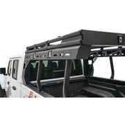 JTOR-01-1 Fab Fours Gladiator Overland Rack mounted on Jeep Gladiator, showcasing durable construction, aerodynamic design, and ample storage for off-road adventures.