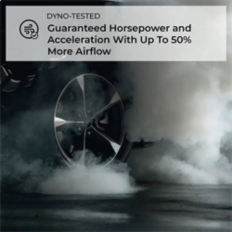 Car wheel with smoke showing high flow performance air intake for Silverado Tahoe Escalade