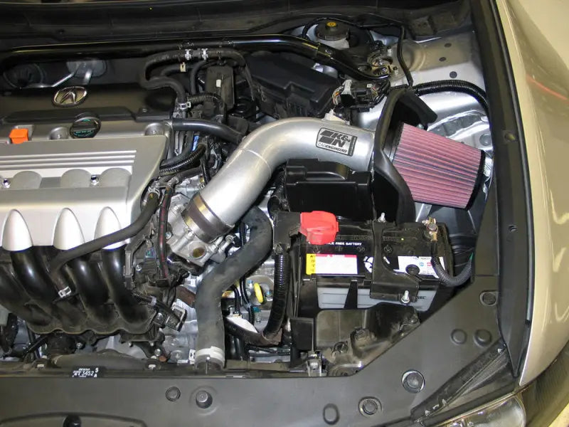 K&N 09 Acura TSX 2.4L Silver Typhoon Intake installed, showing free-flowing mandrel-bent aluminum tube, chrome topped K&N high-flow air filter, and heat shield. Truck & Automotive, Air Intake Systems, zero dollar items